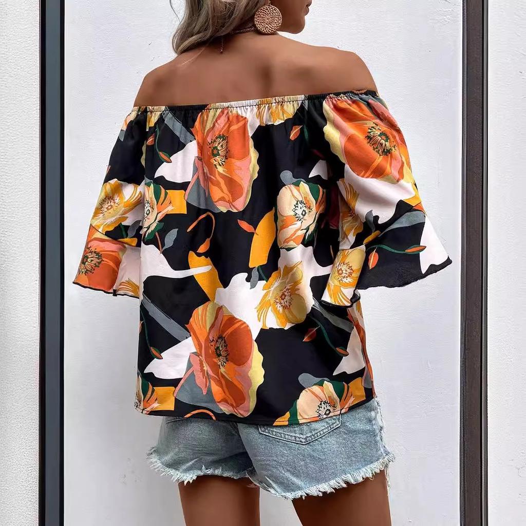 GMXIA Women's Fashion Casual Summer Floral Print Short Sleeve One Shoulder Blouses & Shirts
