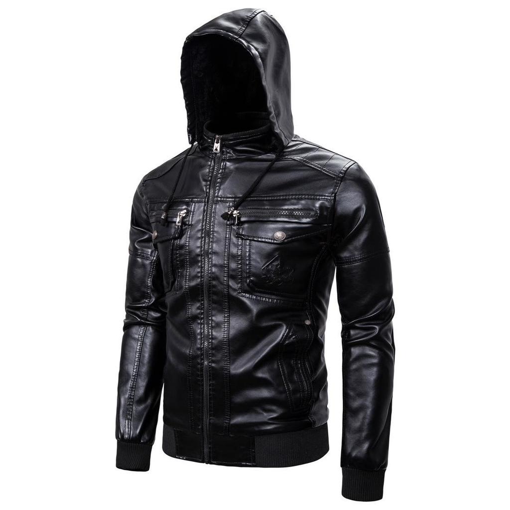 Autumn Winter Men Solid Color Warm Jacket Casual PU Hooded Coat Plus Size S-3XL