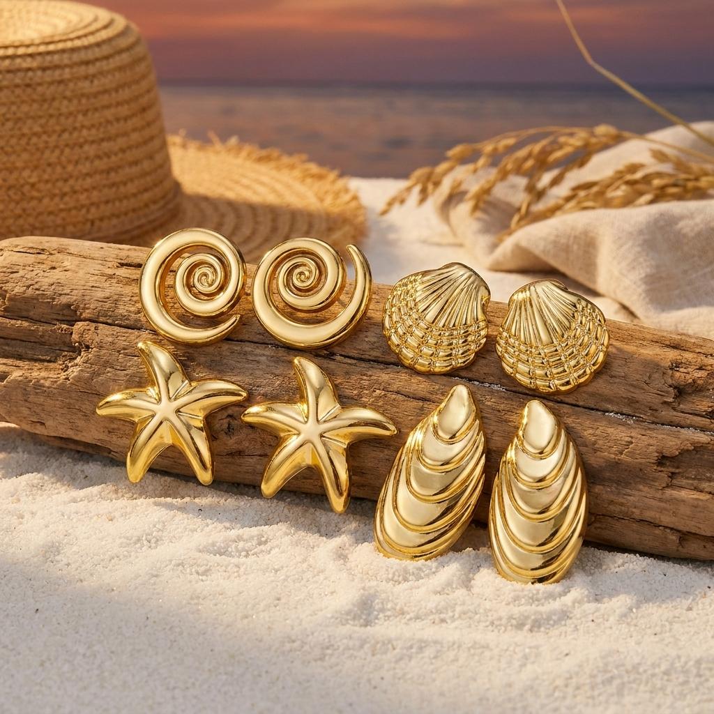 4 Pairs Gold Color Stud Earrings Set for Women Conch Shell Starfish Minimalist Ocean Summer Beach Vacation Fashion Jewelry Gift