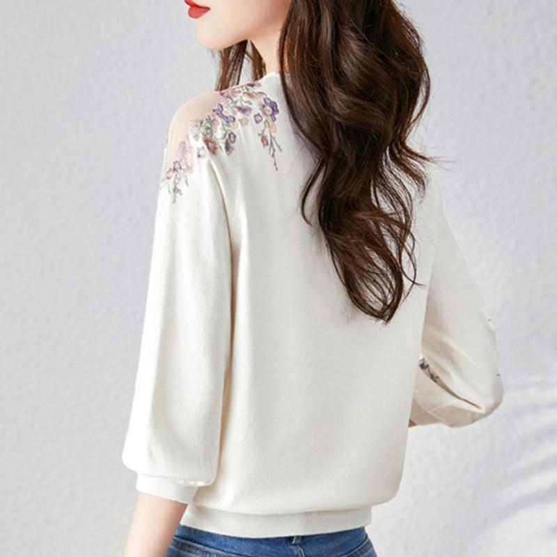 Moda Lato O-Neck Dzianinowe Swetry Swetry Damskie Topy Kwiat Haft Biały Sweter Damski JJ20