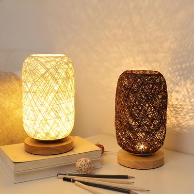 İskandinav Ahşap Masa Lambası Yatak Odası Başucu Küçük Gece Lambası Sanat Dekorasyon Çalışma Masası Lambası Rattan İp Işıklar