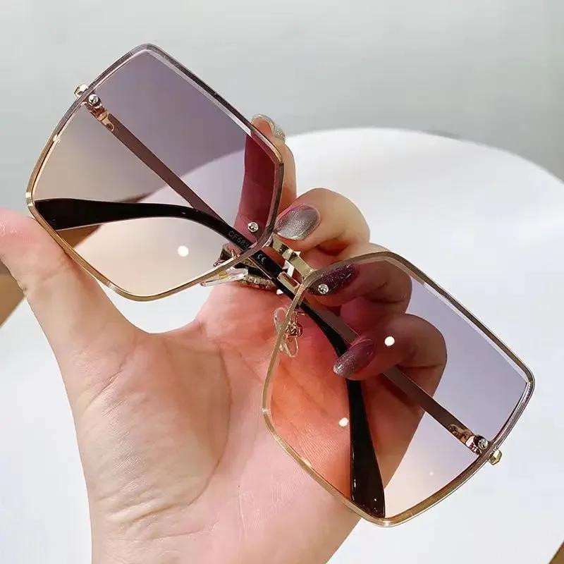 New Vintage Square Sunglasses Woman  Designer Glasses Rimless Gradient Sun Glasses Female Fashion Big Frame Oculos De Sol