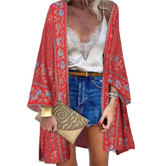 Women Cardigan Floral Print Batwing Sleeve Summer Bohemian Sun Protection Long Blouse for Daily Wear