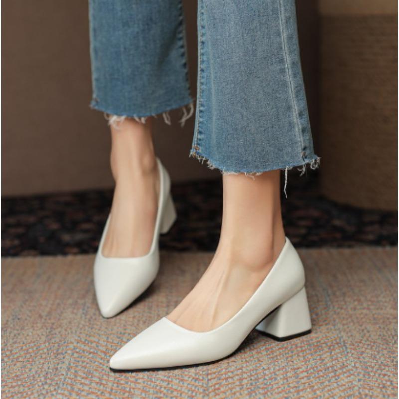 Spring Thick Heels Basic Pumps for Women Solid Color Pointed Toe High Heel Office Shoe Woman Shallow Mouth Plus Size Pumps 35-41