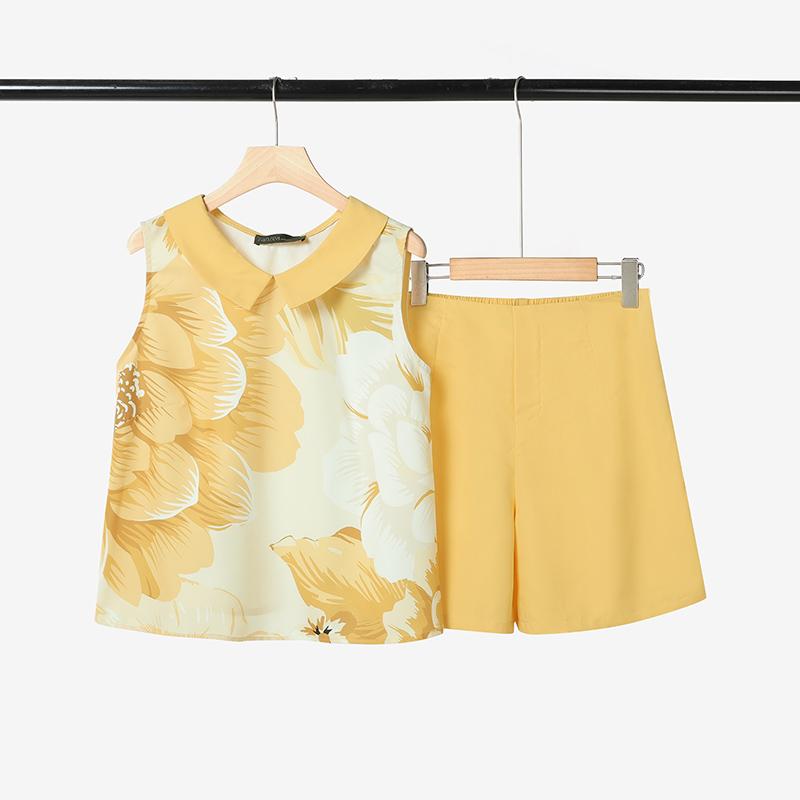 

ZANZEA Женские топы без рукавов с принтом и шорты Летние комплекты из двух предметов S жёлтый