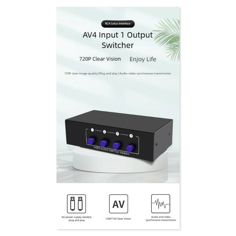 4Input AV Selector Box AV Switcher With Push Button Control Universal Compatibility For Home Studio AV Devices Setup