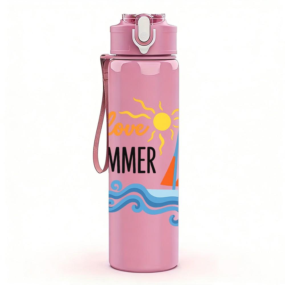 1PC I Love Summer Ocean Pattern 750ml Color Plastic Sports Water Bottle Leakproof Flip Straw Lid Suitable for Sports Office Home Use