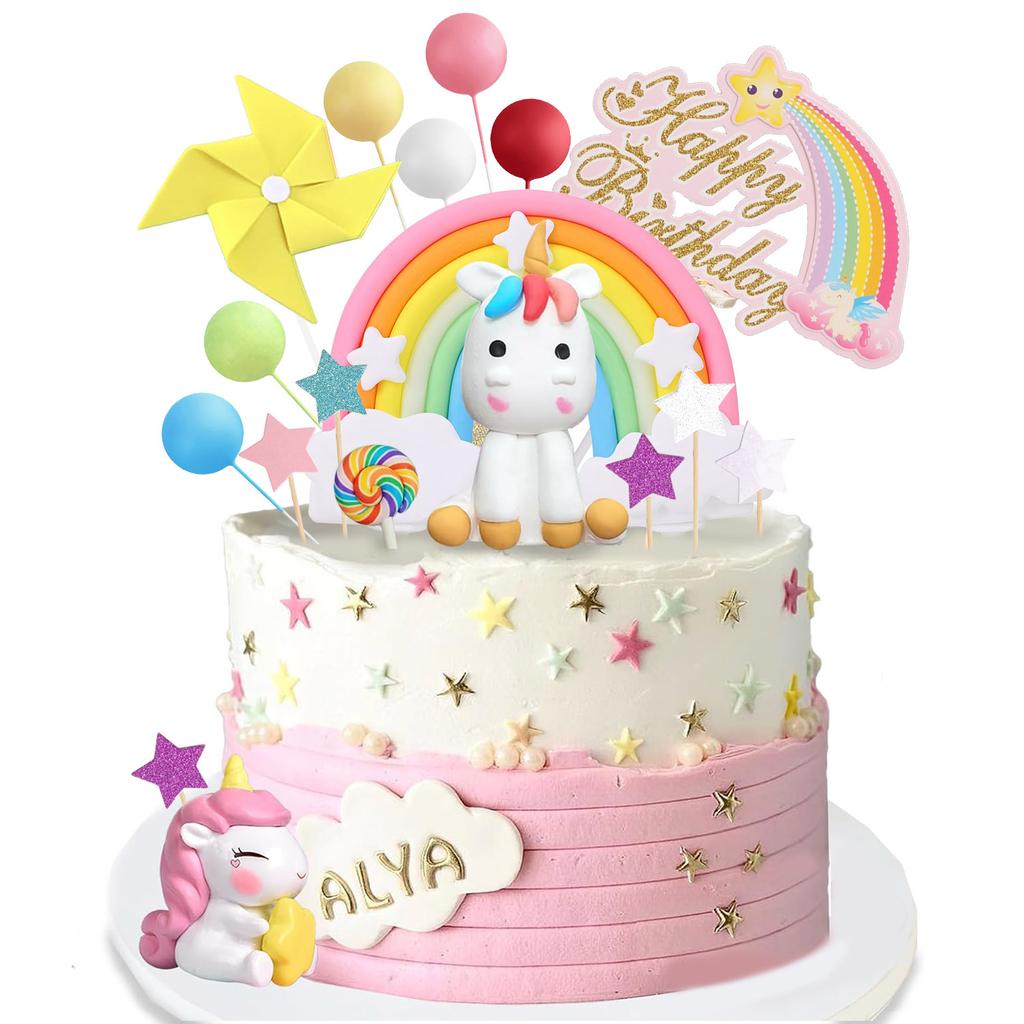 47 STÜCKE Einhorn Regenbogen Kuchenaufsatz Einhorn mit Regenbogen Schmetterlingen Einhorn Kugeln Happy Birthday Kuchendekorationen für Party