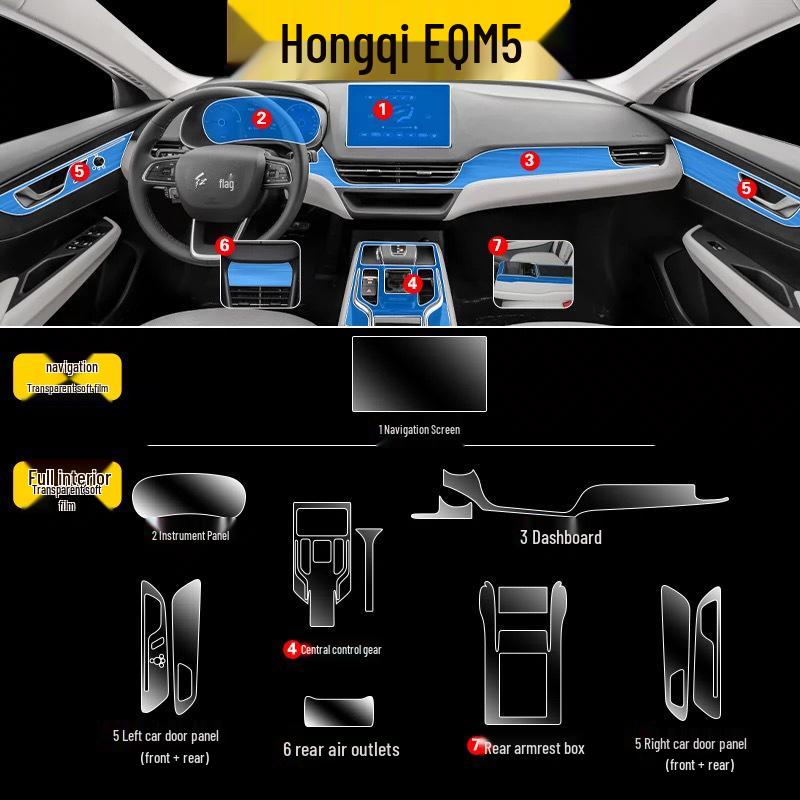 Compatible with 25 Hongqi EQM5 models: interior film, instrument navigation screen film, gear shift accessories, HD-TPU sticker.