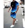 2026 New Summer Men's 3D Blue Flame Print T-Shirt And Shorts Set Loose Simple Fashion Sportswear Casual Two Piece Outfit For Adult Men