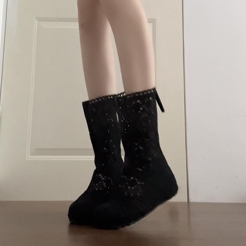 

Fashion versatile style hollow lace medium boots women s summer breathable inner height increase solid color fashion boots 35 чёрный