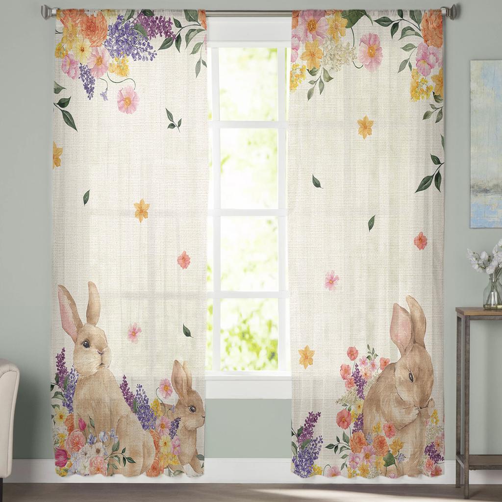 Osterhase Frühling Wildblumen Tüllgardinen für Wohnzimmer Schlafzimmer Voile Transparente Gardine Fenster Heimdeko Vorhänge