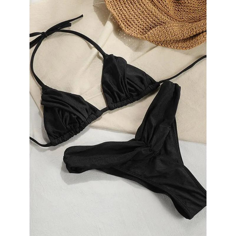 

Плиссированный бразильский комплект бикини, сексуальные микробикини, женский купальник 2023 года, женский купальник-треугольник, пляжная одежда, купальный костюм S чёрный