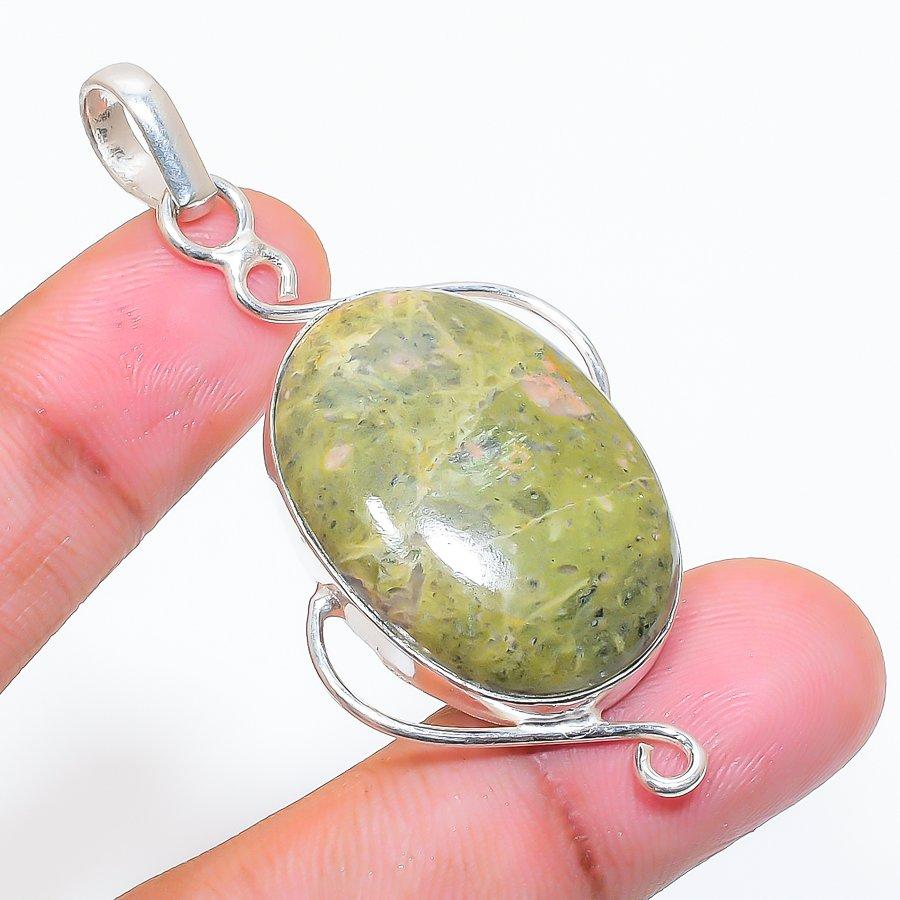 Natural Unakite Gemstone Handmade 925 Sterling Silver Jewelry Pendant 2.36" ZS-465