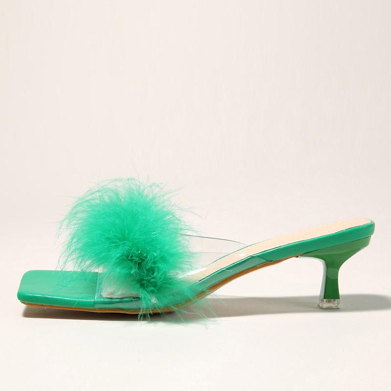 Liyke Summer Slippers Women Fashion Green Fur Feather Pvc Transparent Sandals Shoes Casual Gladiator Low Thin Heels Mules Slides