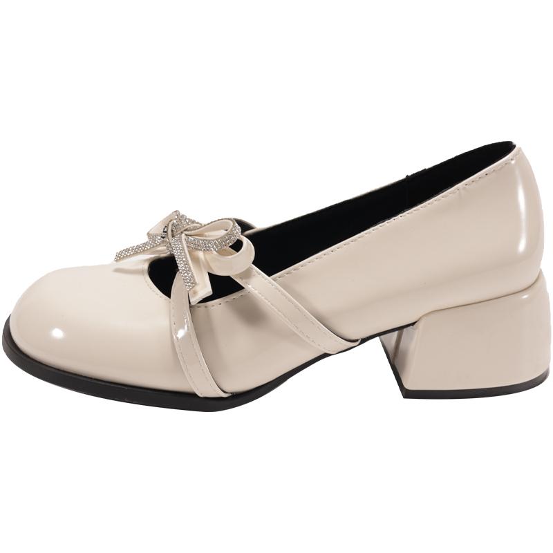 Block Heel Mary Jane Single Shoes Women's Round Toe Shallow Slip Rhinestone Bow Slip Anti-Slip Wear-Resistant High Heels