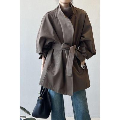 Women's British Style Retro Trench Coat with Stand-Up Collar - Tie Waist, Mid-Length, Petite Fit, Loose Outerwear for Spring & Autumn.