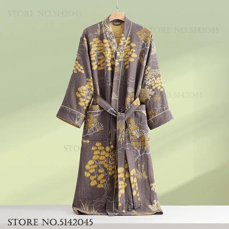Print Flower Cotton Gauze Kimono Bathrobe Gown Female Robe Negligee Loose Home Dressing Gown Sleepwear Spring Summer Nightwear