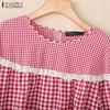 ZANZEA Women Casual Round Neck Long Sleeve Plaid Print Blouse