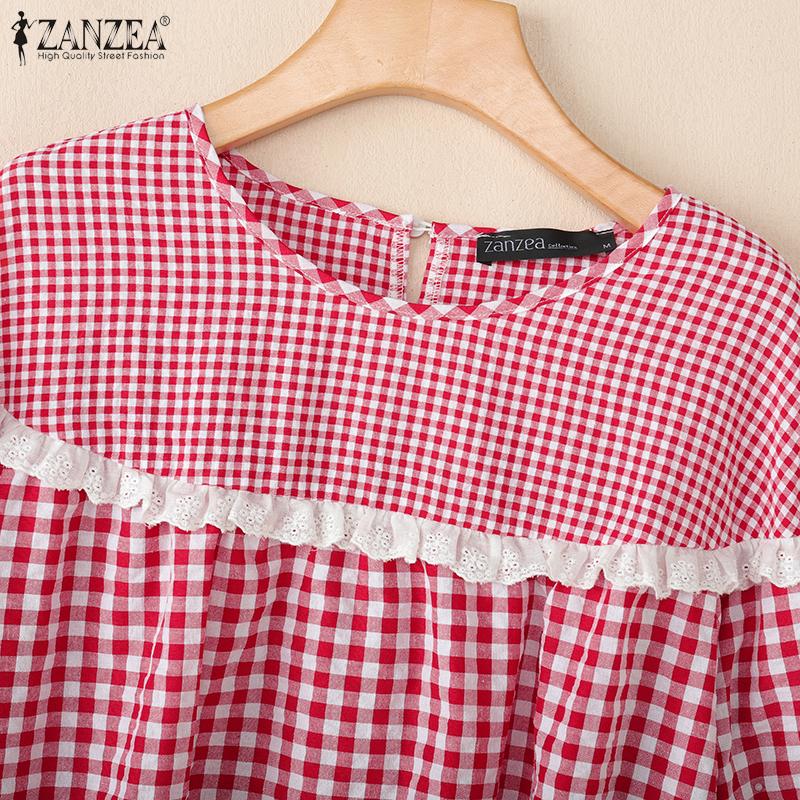 ZANZEA Women Casual Round Neck Long Sleeve Plaid Print Blouse