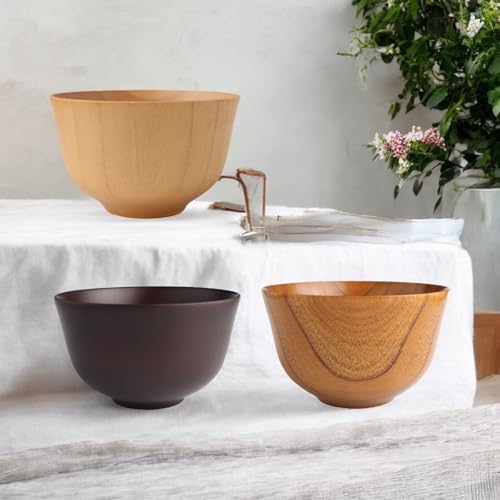 J-kitchens Miso Soup Bowls, Modern Wooden, Haban Pattern, Natural, Lacquer, and Dark Brown, Set of 3, 11.5cm x 6.6cm, Current Model