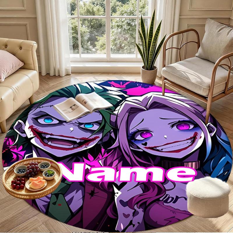 Custom Name Personalized Harley Quinn Joker Print Round Rug, Versatile Home Decor Carpet, for Playroom, Apartment, Balcony, Entryway, Hallway Gift