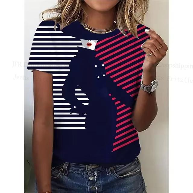 Summer Round Neck 3D Lady Face Graphic Print Top Fashionable Casual Short Sleeved Women's T-shirts