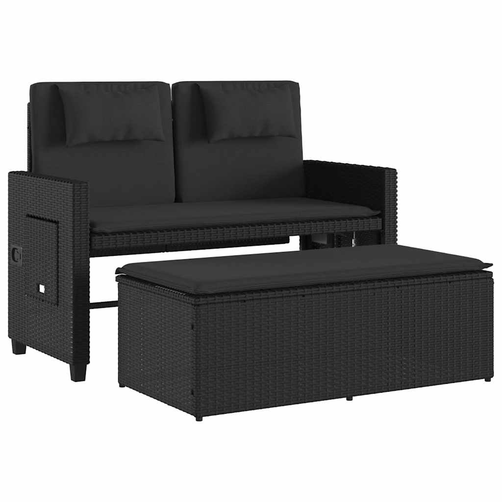 Vidaxl Folding Garden Bench With Cushions, Black, Poly Rattan