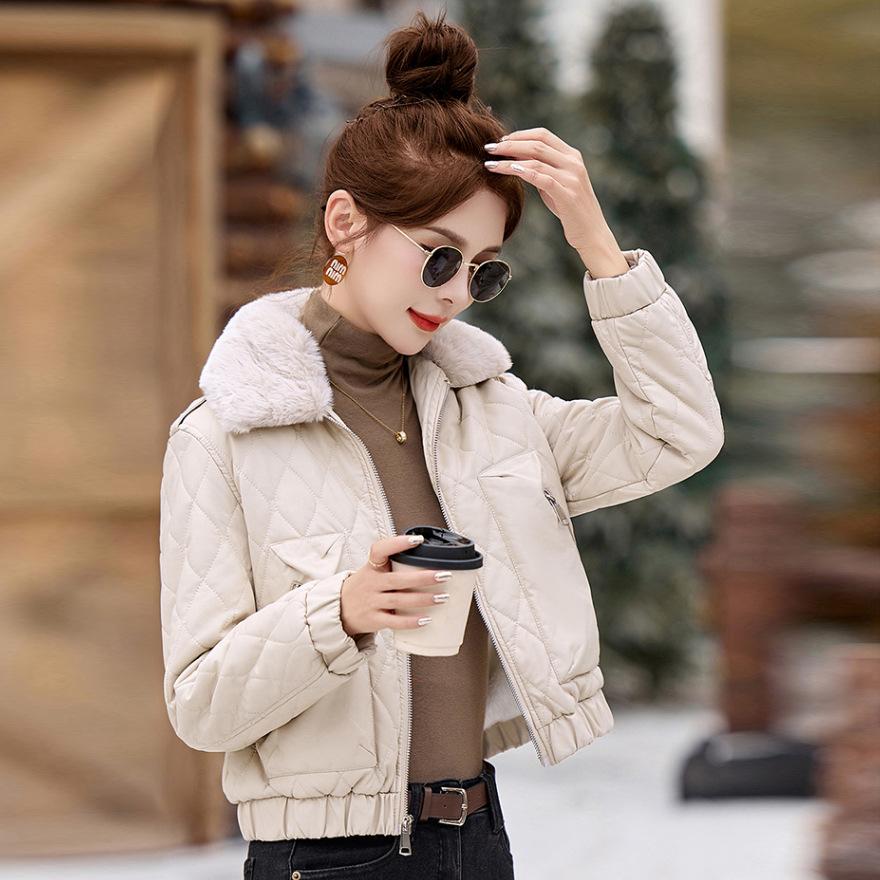 Leather Jacket Women's New Autumn and Winter Small Slim-fitting and Thin Plush Thickened Fur Collar Cotton-padded Coat