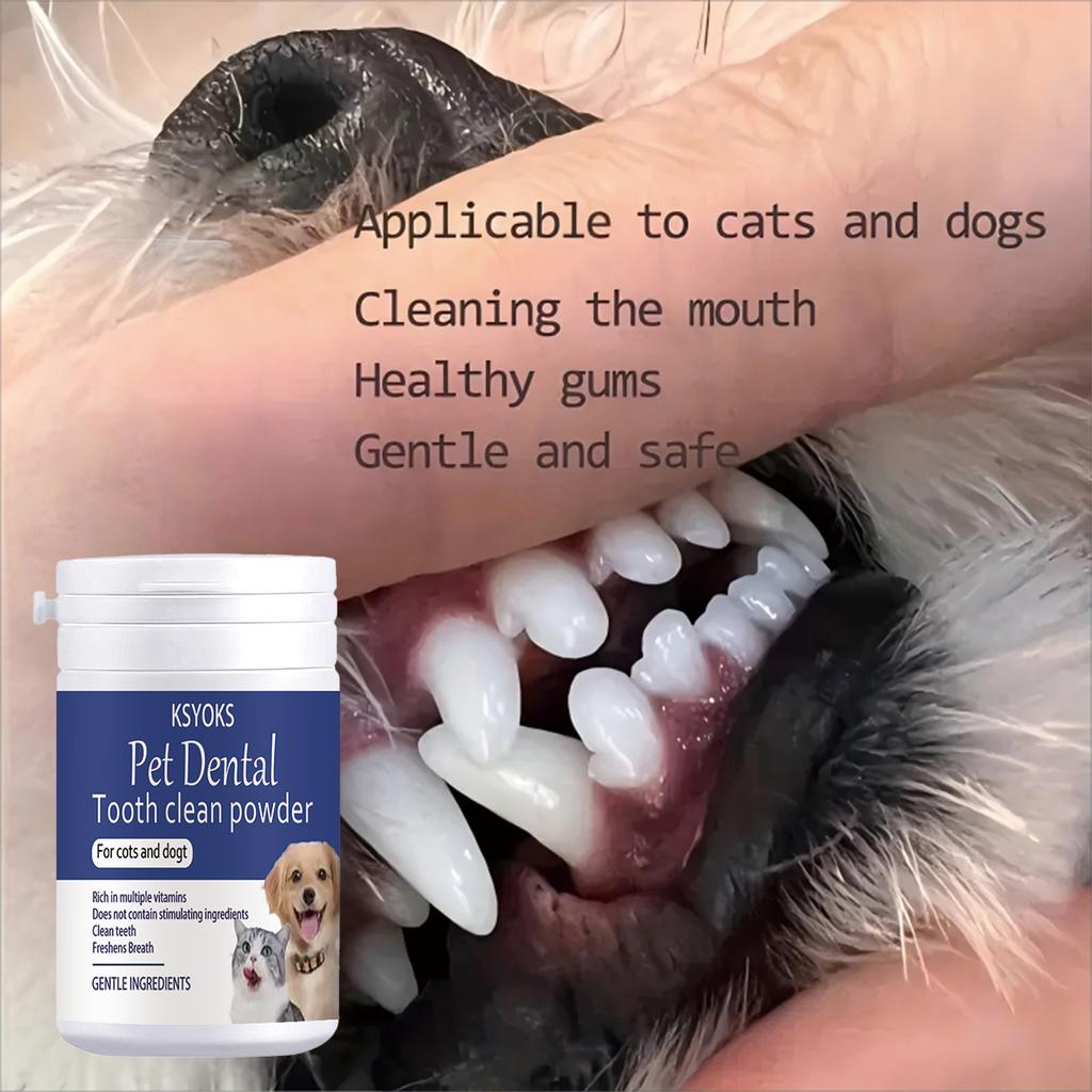 Pet tooth powder cleans teeth while refreshing breath, making interaction with furry children closer