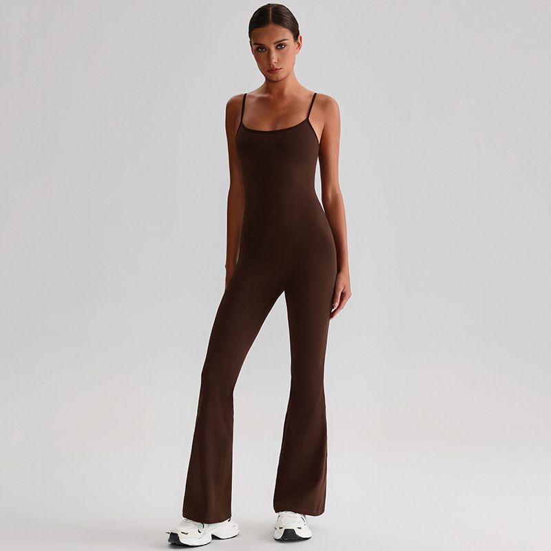 

European and American Adjustable Shoulder Strap Tight One-Piece Yoga Clothes Women Backless Fitness Sports Yoga Jumpsuit 8031 Brown Coffee 4/S