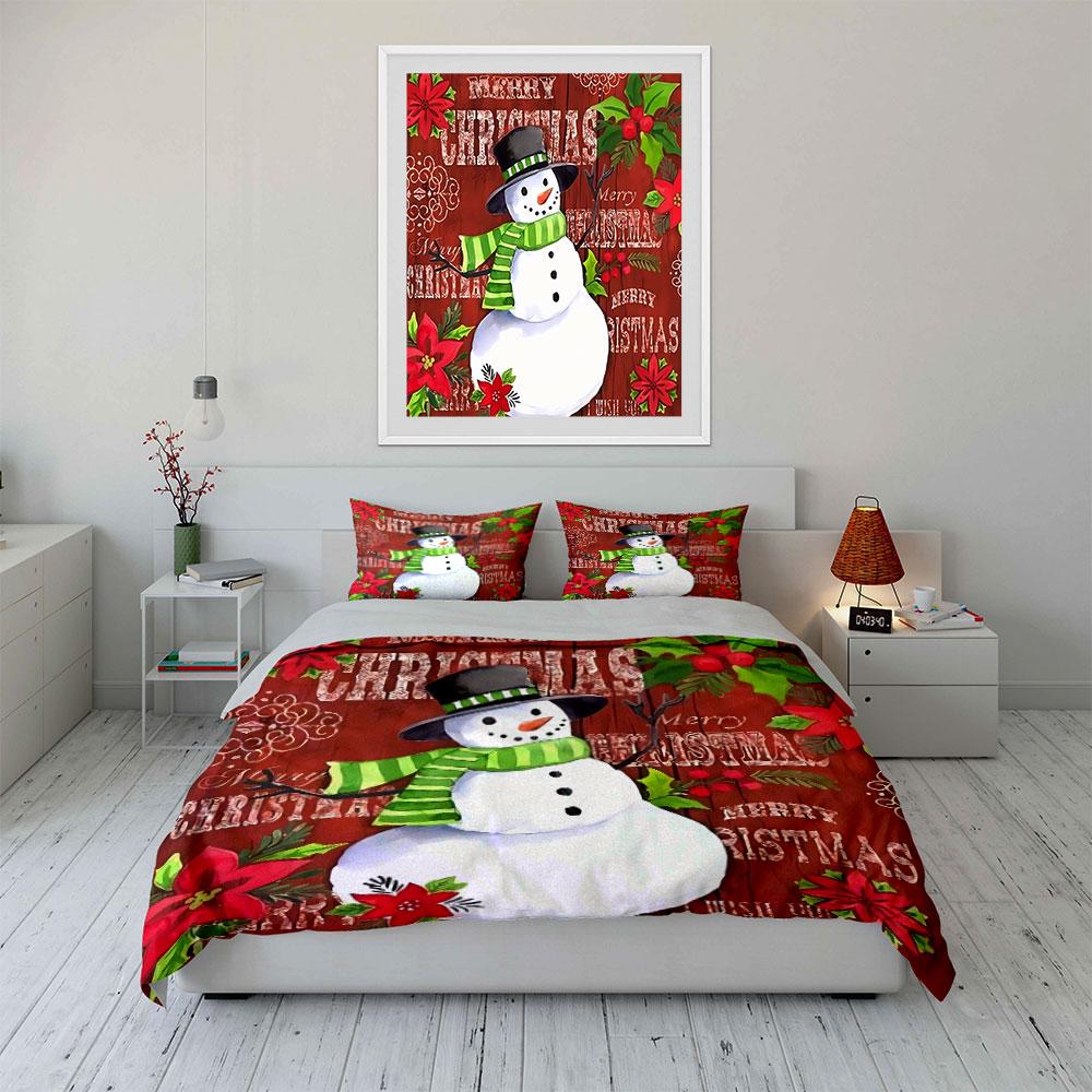 Snowman and Christmas Flowers Bedding Duvet Cover Set Duvet Cover Pillowcases (1*Duvet Cover 2*Pillowcases, Without Duvet Insert)