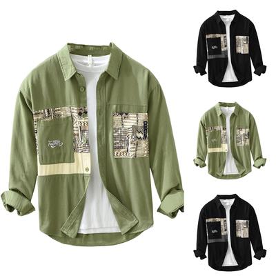Printed Long Sleeved Shirt For Men, Fashionable Splicing, Versatile Casual Loose Top