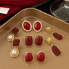 Geometric Red Enamel Stud Earrings for Women Statement Vintage Imitation Pearls Earrings Light Luxury Party Jewelry Gift