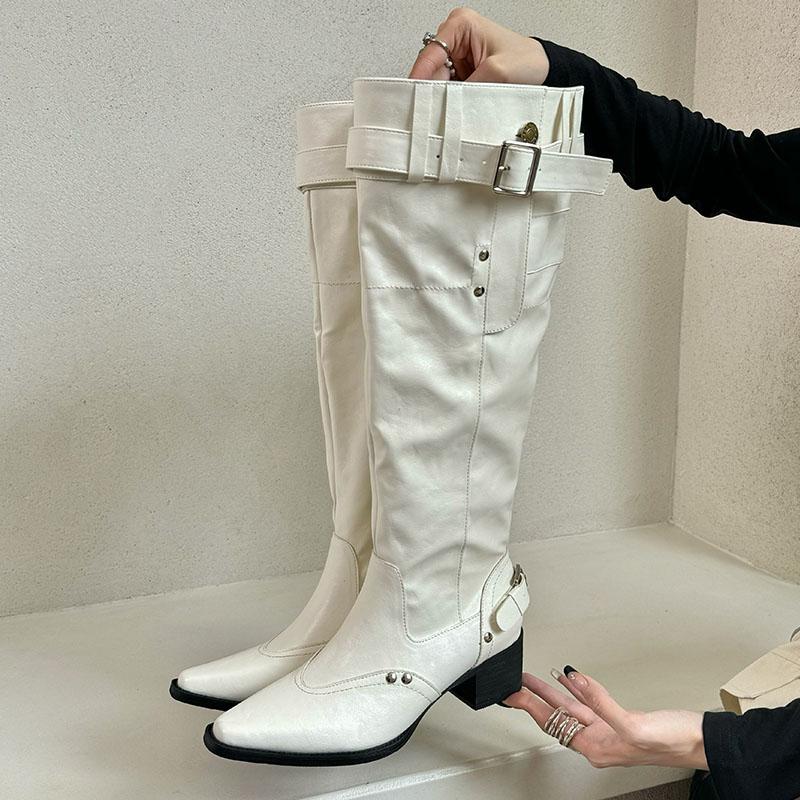 Móda Módní Špičaté Dámské Kozačky po Koleno Moderní Boty Obuv Dámská Čtvercové Podpatky Obuv Dámské Dlouhé Kozačky Boty Lodičky