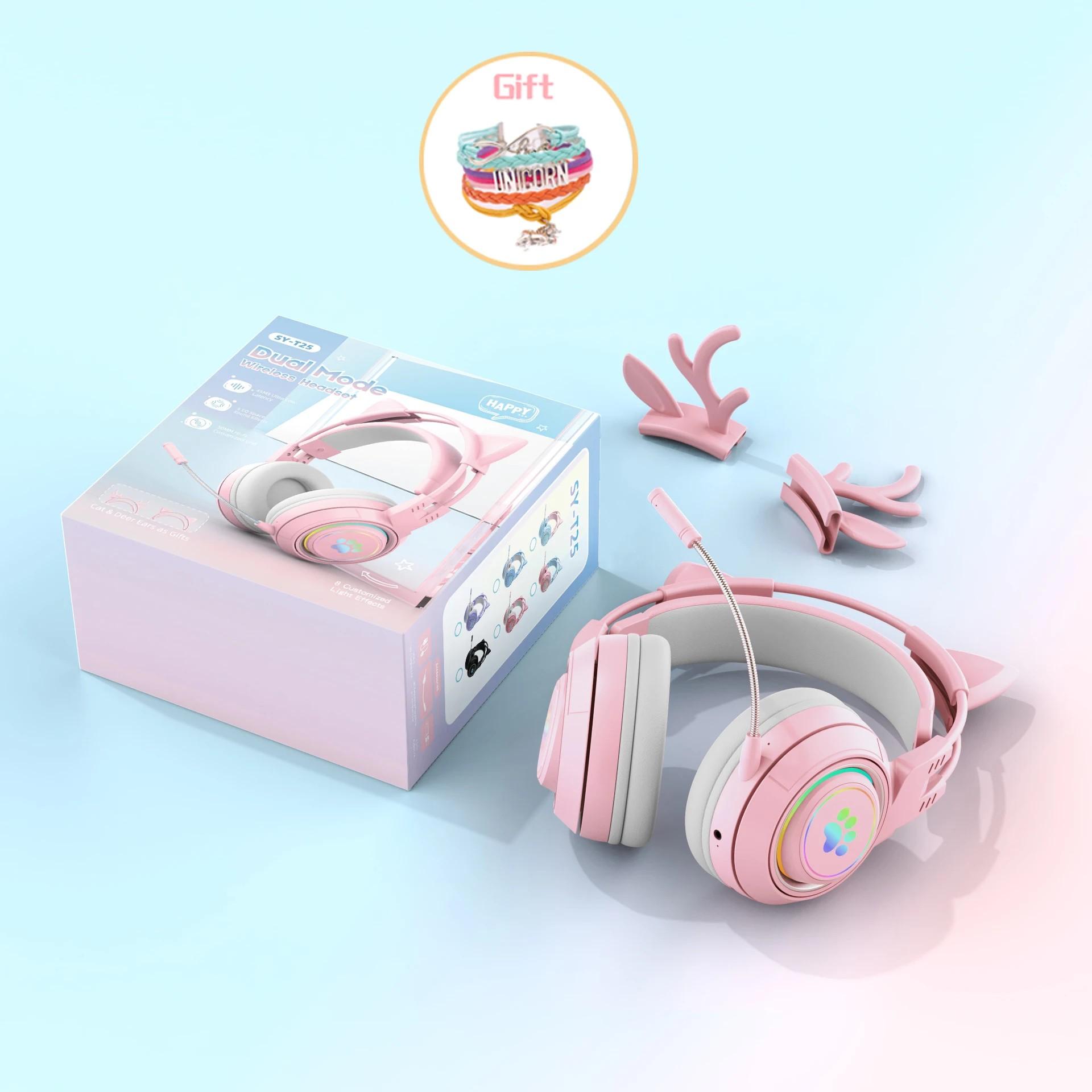 

2 в 1 милые рога/кошачьи ушки беспроводные Bluetooth наушники геймер 3,5 мм гарнитура игровые наушники подарок для детей низкая задержка розовый