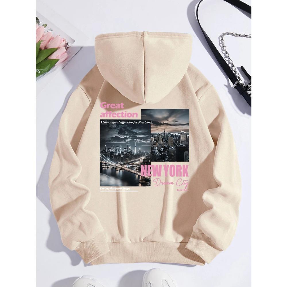 New York Dream City Printed Hoodies Casual Fashion Women Pullover Warm Pocket Sweatshirt Oversize Street Clothes