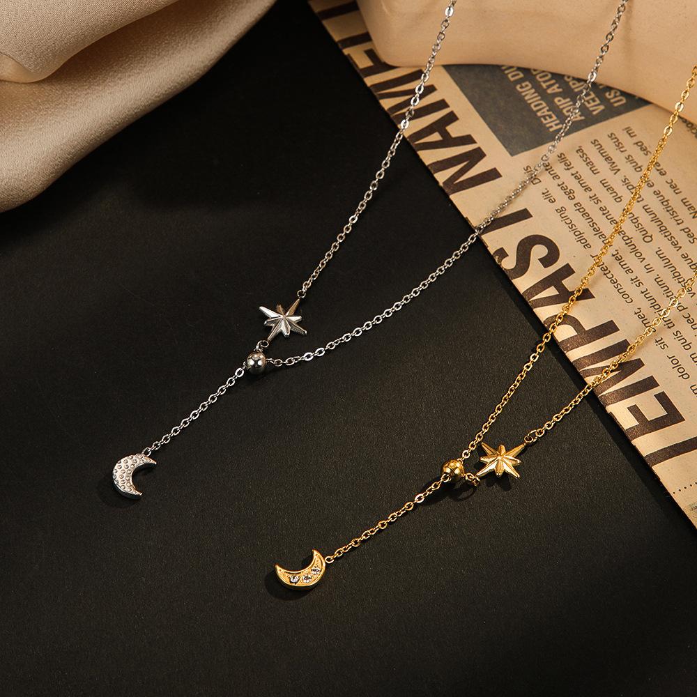 Trendy Star Moon Titanium Steel Necklace Women Small Pendant Jewelry 14K Gold Plated Fashion Gift