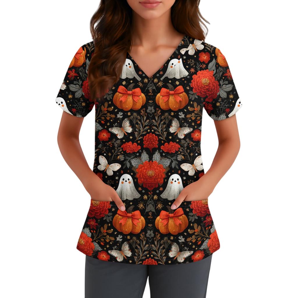 Women V Neck Short Sleeve Work Top with Pocket Halloween Print Scrub Shirt for Healthcare and Service Professionals