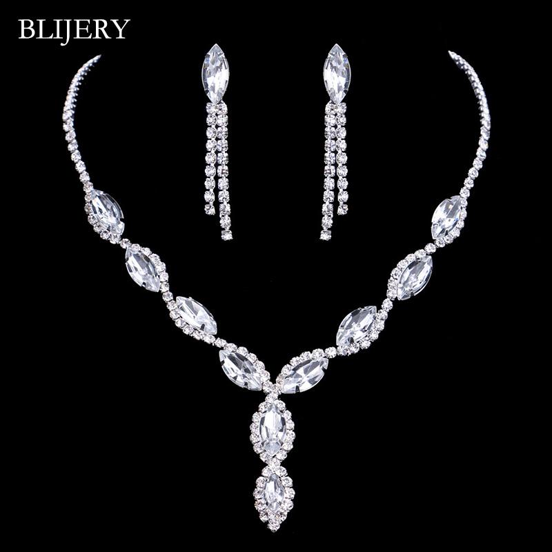 Fashion Pink Crystal Prom Wedding Jewelry Sets for Women Accessories Floral Tassel Necklace Earrings Bridal Jewelry Sets