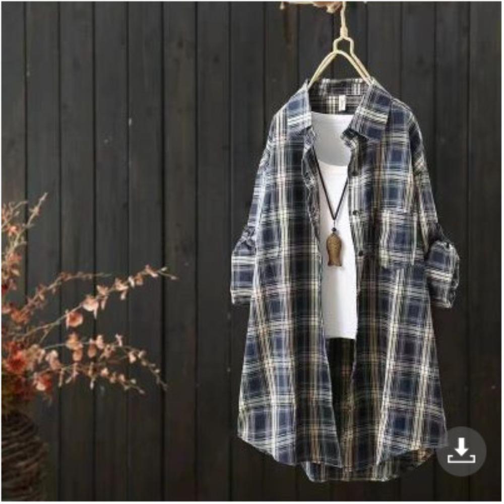 Women's Point Collar Long Sleeve Plaid Blouse Loose Fit Casual Cotton Tunic Shirt Outerwear