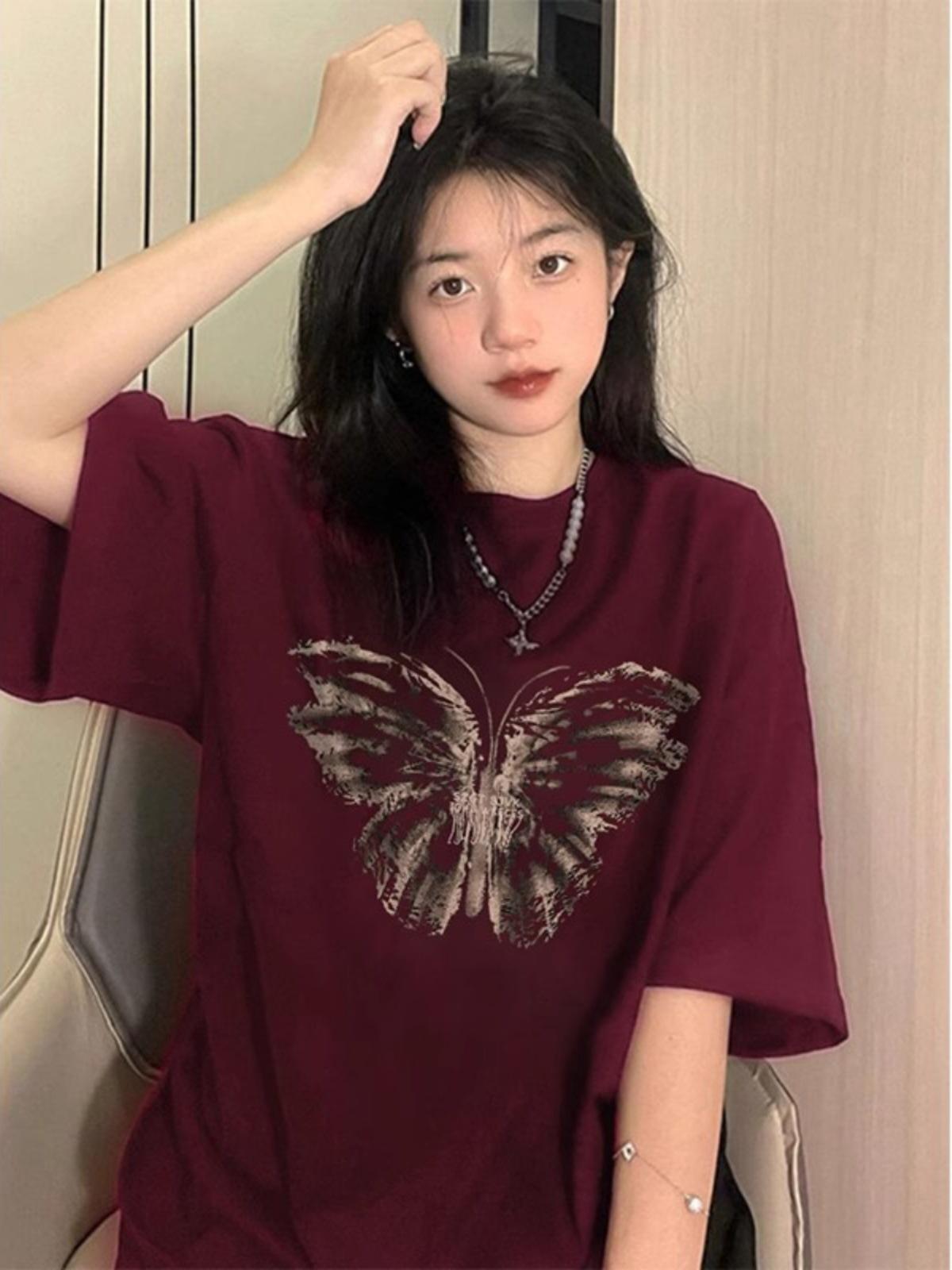 

Женская футболка ретро винно-красного цвета с коротким рукавом и бабочкой большого размера XXL (130-145 jin recommended)