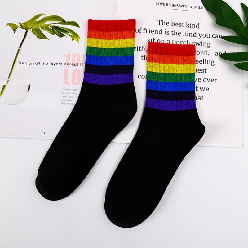 Ladies Spring Rainbow Thick Pinstripe Skateboard Mid Tube Socks