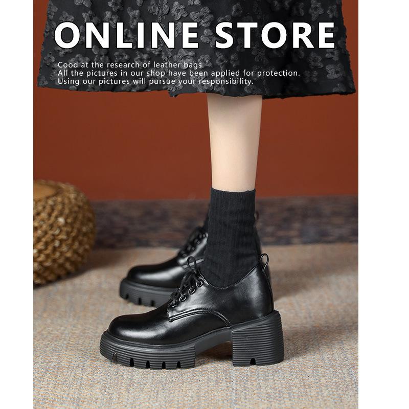 10Cm Small Inner Height Increase High Heel Thick Sole Lace-up Small Leather Shoes Women's New Single Shoes