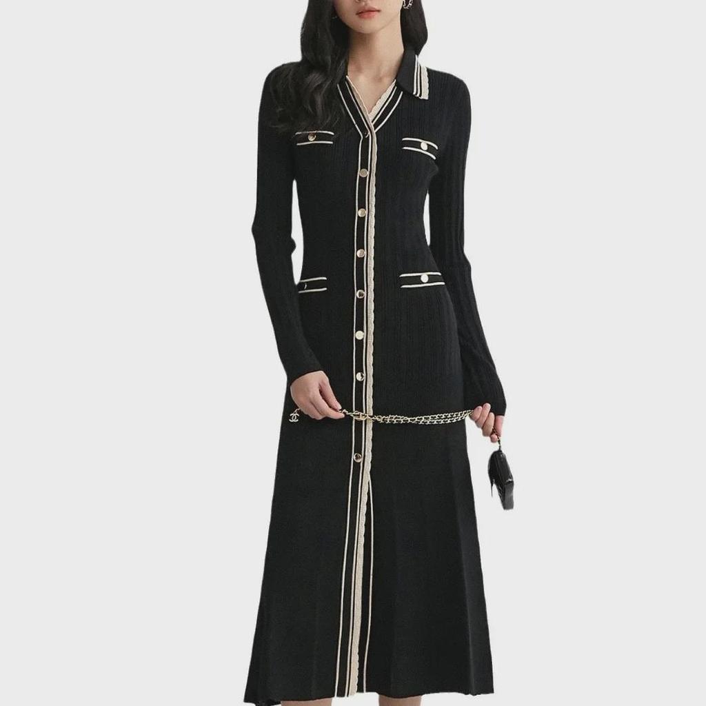 Gonna Lunga Nera Lavorata a Maglia di Alta Gamma con Collo a Polo e Righe – Stile Celebrità Xiao Xiang Autunno/Inverno