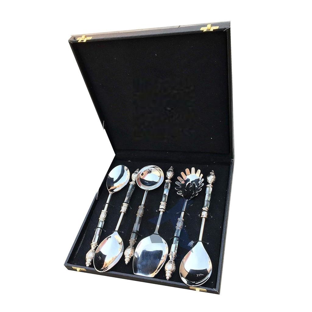 Black Mother of Pearl (MOP) with Round Emboss Aluminium Handle Serving Spoon (6 Piece)