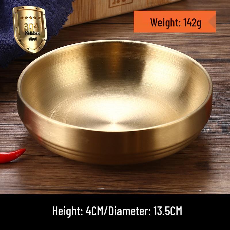 Golden Double-Layer Korean Cuisine Bowl - 304 Stainless Steel, Ideal for Rice, Soup, Kimchi, and Cold Noodles.
