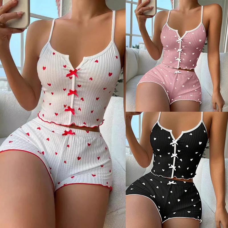 Set Sleepwear Women Pajamas Set Heart Print Soft Ribbed Fabric with Flirty Frill Trim Casual Cami Top and Short Set Loungewear