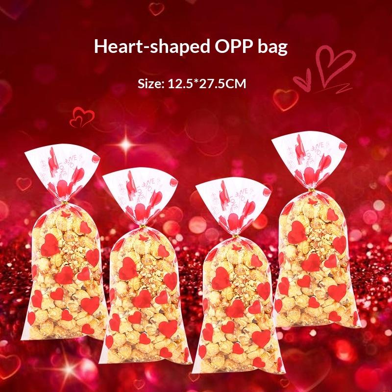 30/50/100Pcs Transparent Plastic OPP Bags Red Heart LOVE Printed Gift Bags With Golden Ties For Valentine'S Day And Couples