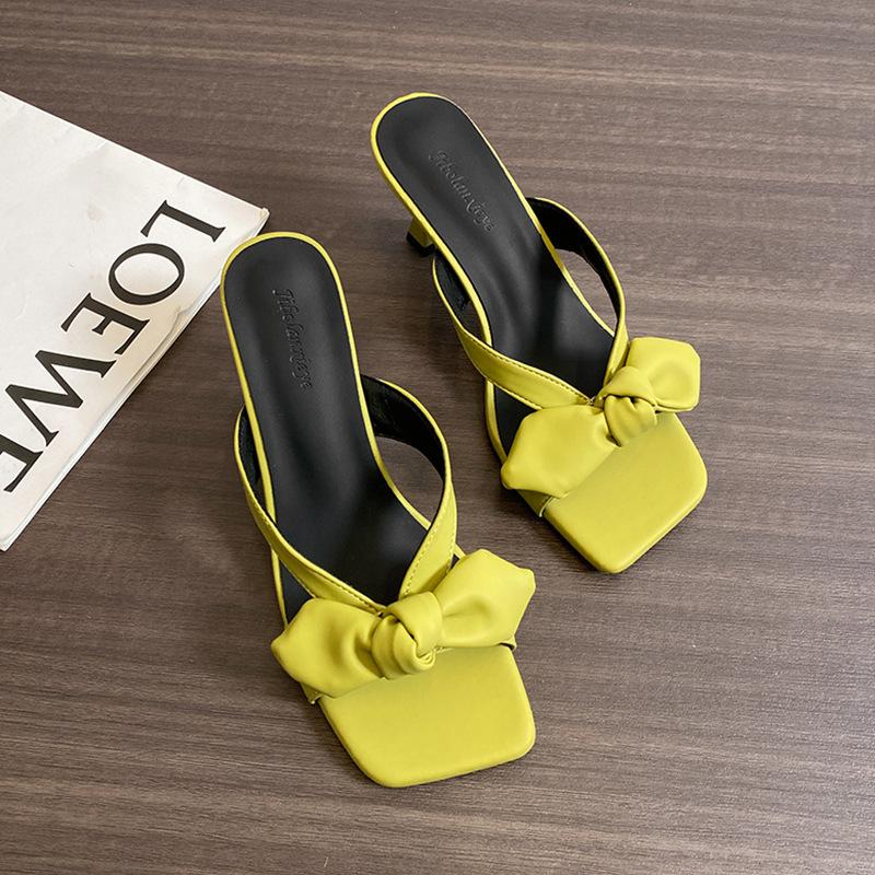 

2025 new French bow high-heeled slippers with thin heels versatile square head fairy wind open-toed cool slippers 40 зелёный